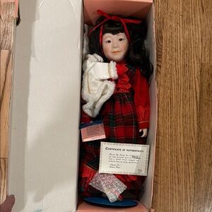 Classic Porcelain Doll in Red Plaid Dress